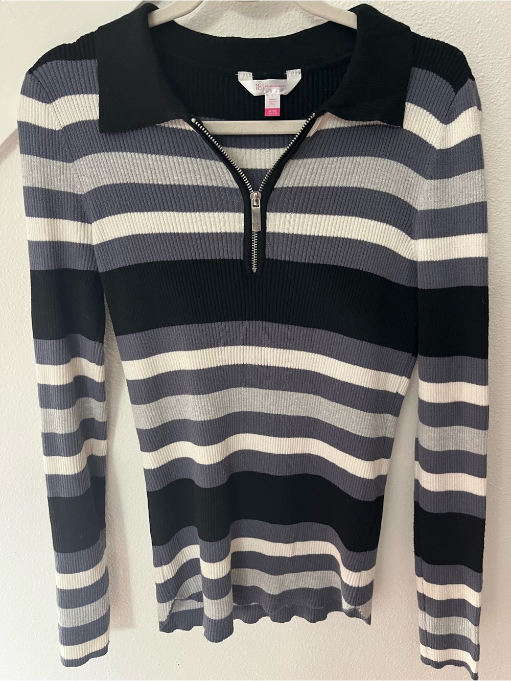 Black, Gray & White Striped Zip Polo Sweater